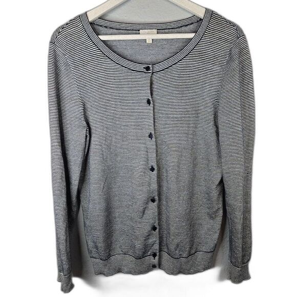Talbots Women's Navy and Gray Metallic Striped Button Cardigan Size Medium - Picture 1 of 7